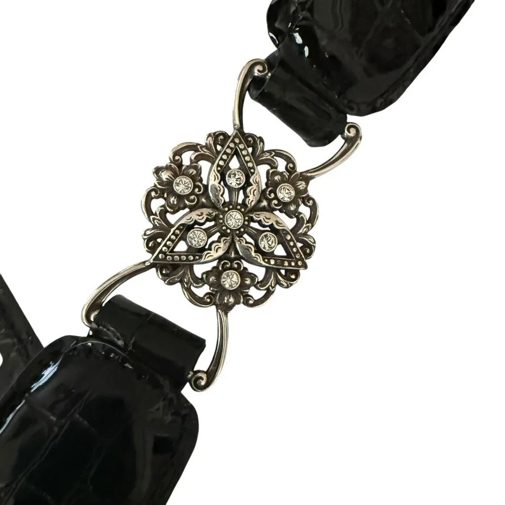 Vintage Brighton Empire Lace Black Croc Embossed Patent Leather Belt Crystals - Picture 3 of 16